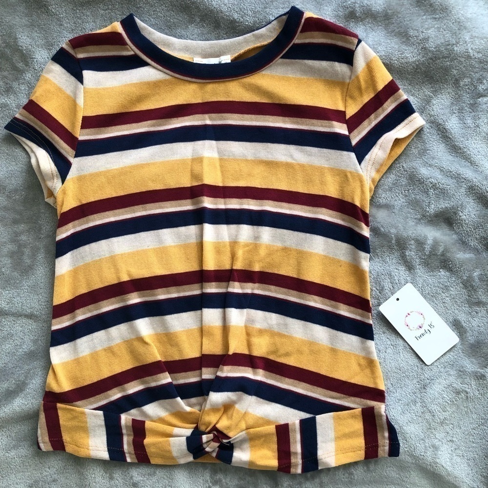 Women’s 70’s inspired Striped top blue mustard yellow and burgundy Stretchy